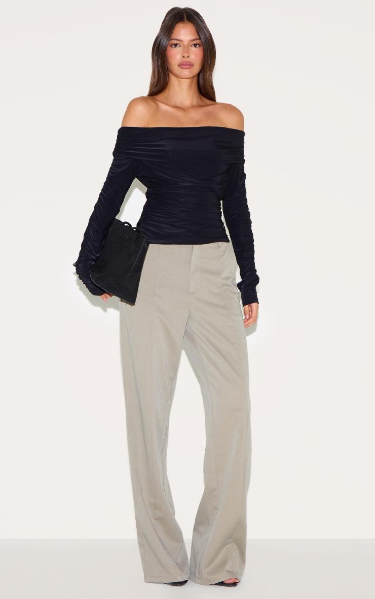 Black Double Layer Slinky Ruched Detail Bardot Long Sleeve Top Product Image
