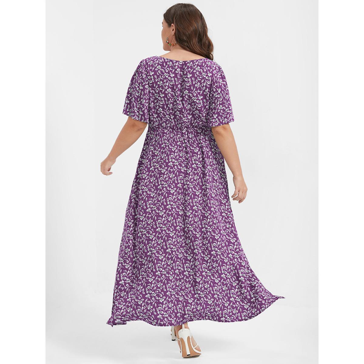 Plus Size Ditsy Floral Button Lace Pocket Split Ruffles Maxi Dress DustyPink Women Elegant Printed V-neck Short sleeve Curvy Long Dress BloomChic 12/L Product Image