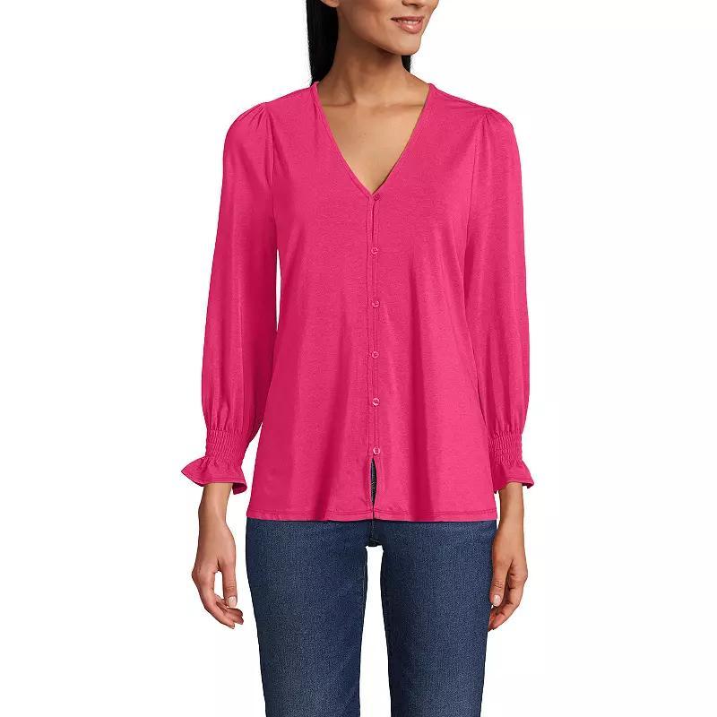 Women's Lands' End 3/4 Sleeve Lightweight Jersey Button Front Top, Size: XL, Spiced Rhubarb Product Image