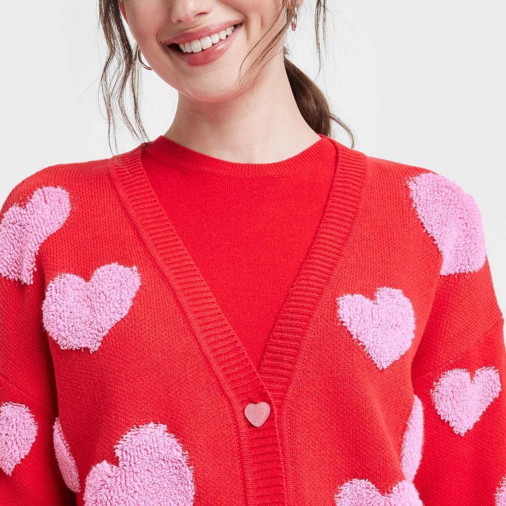 Women's Valentine's Day Pink Hearts Graphic Cardigan - Red S Product Image