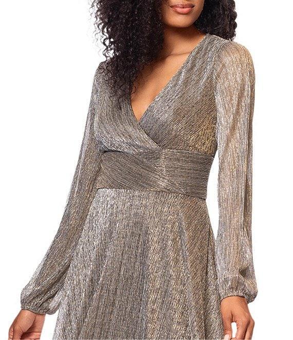 Betsy & Adam Metallic Crinkle V-Neck Long Sleeve Wrap Bodice Gown Product Image
