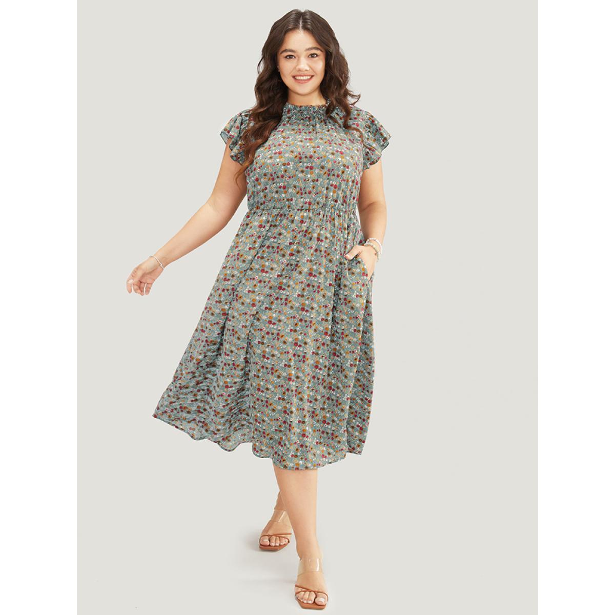 Plus Size Ditsy Floral Ruffle Sleeve Pocket Frill Trim Mock Neck Dress LightBlue Women Elegant Pocket Mock Neck Half Sleeve Curvy Midi Dress BloomChic 30/6X Product Image