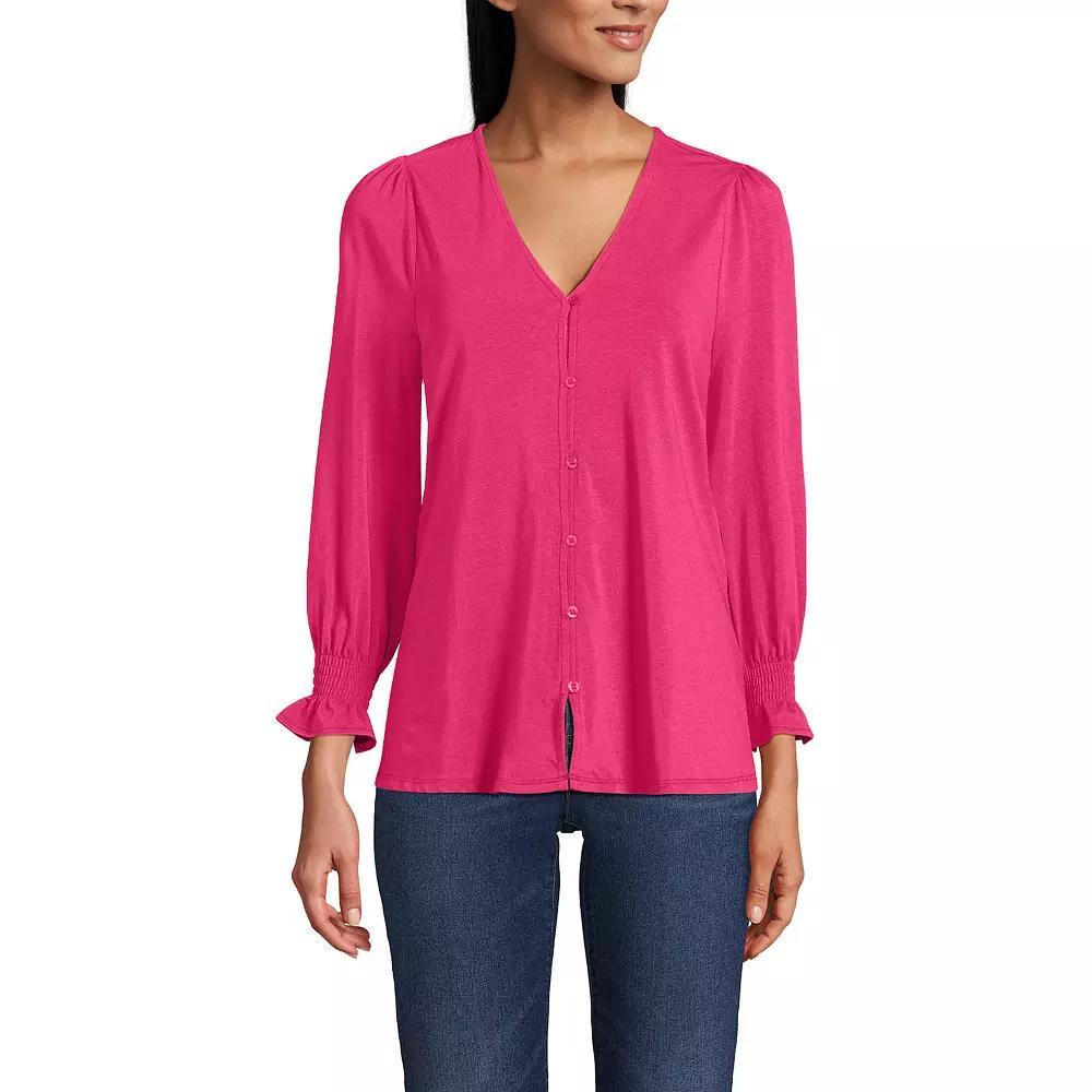 Women's Lands' End 3/4 Sleeve Lightweight Jersey Button Front Top, Size: XL, Spiced Rhubarb Product Image