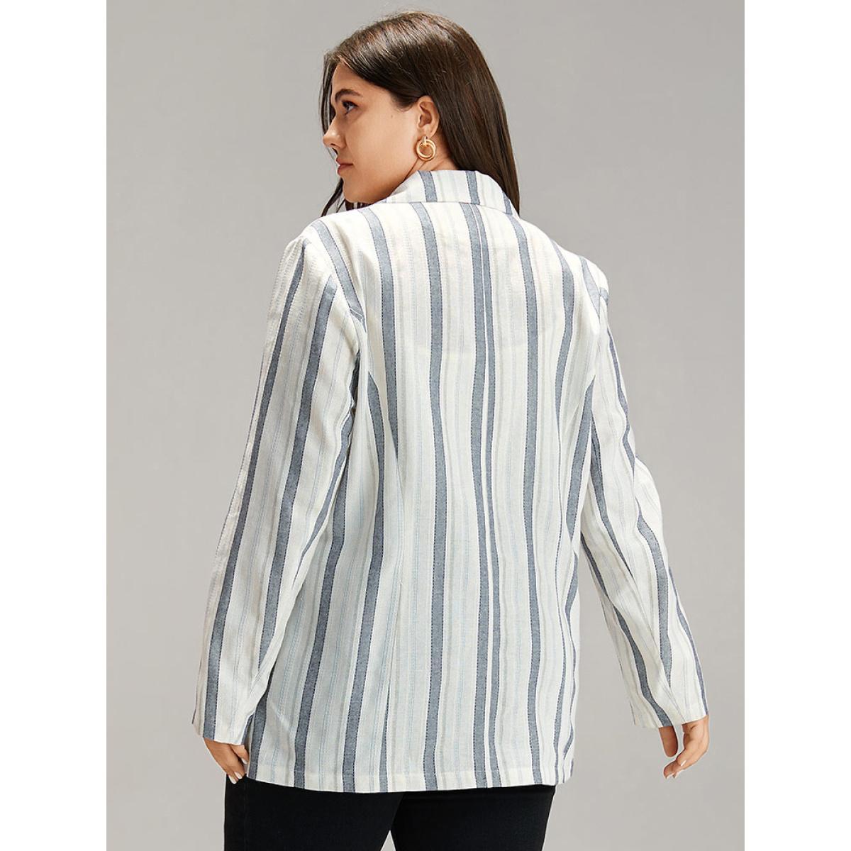 Plus Size Striped Suit Collar Pocket Blazer Blue Women Dailywear Striped Contrast Sleeve Long Sleeve Suit Collar 12/L Pocket Casual Blazers BloomChic Product Image