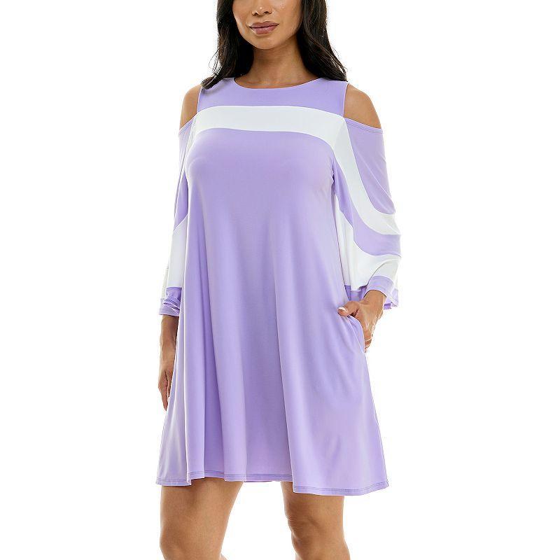 Women's Nina Leonard Draped Sleeve Cold-Shoulder Dress, Size: XL, Vibrant Purple Ivory Product Image