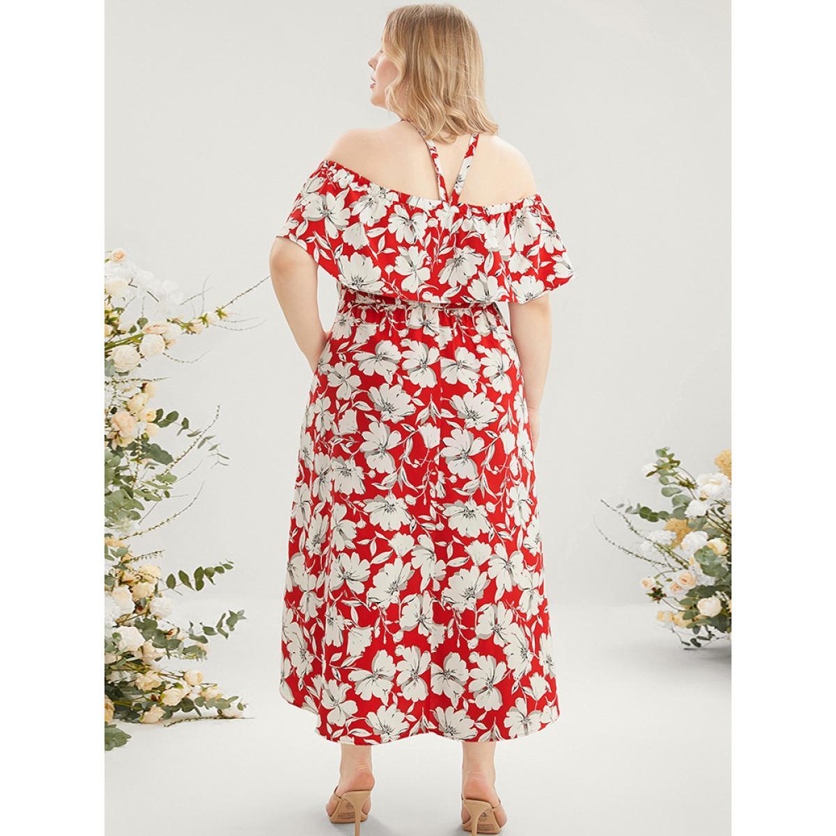 Plus Size Floral Print Pocket Ruffles Trim Split Halter Maxi Dress Scarlet Women Elegant Elastic Waist Halter neck Short sleeve Curvy Long Dress BloomChic 22-24/3X Product Image