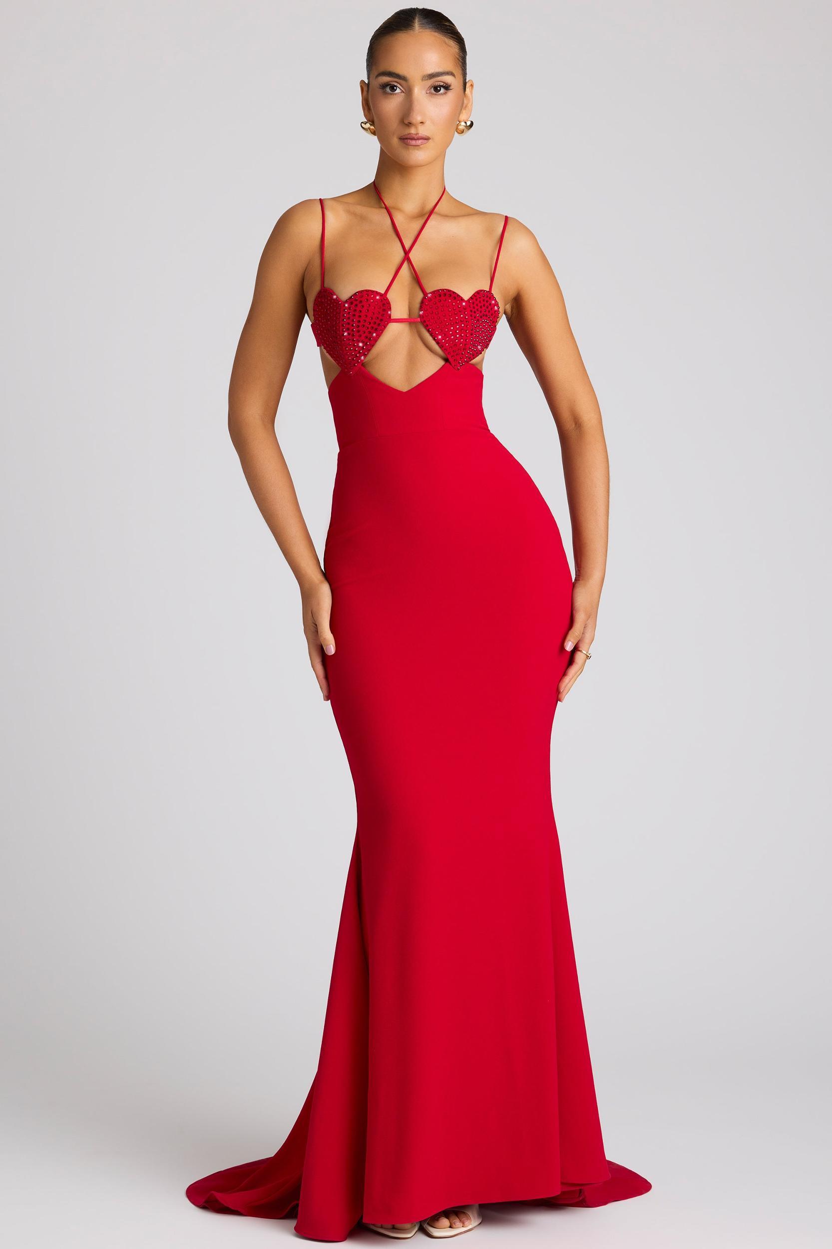 Embellished Heart Cup Detail Evening Gown in Fire Red Product Image