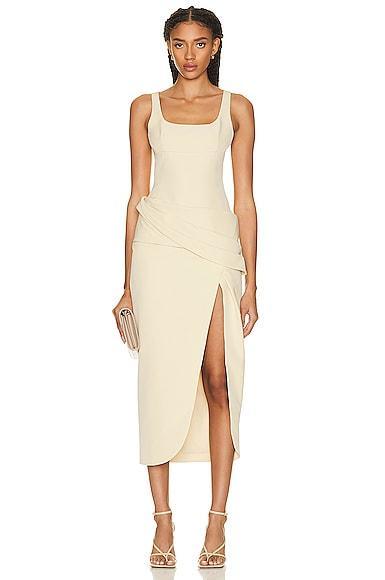 SIMKHAI Angeline Technical Cocktail Crepe Draped Midi Dress Beige. (also in ). Product Image