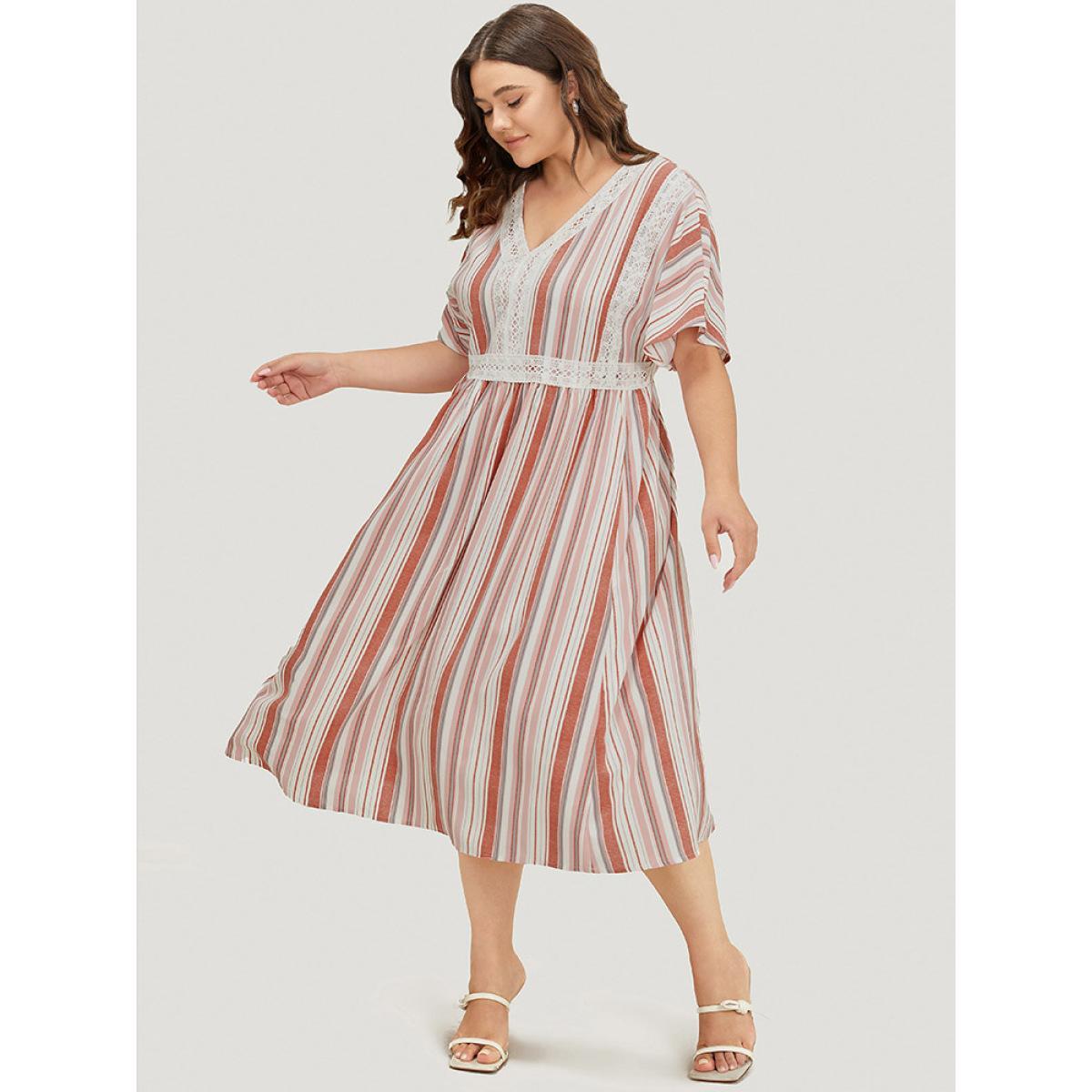 Plus Size Striped Contrast Pocket Lace Batwing Sleeve Midi Dress Crepe Women Vacation Patchwork V-neck Short sleeve Curvy Midi Dress BloomChic 22-24/3X Product Image