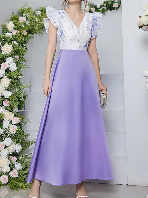 High Waisted Petal Sleeves Printed Split-Joint Deep V-Neck Maxi Dresses Product Image