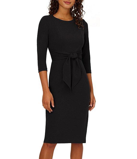 Adrianna Papell Stretch Crepe Crew Neck Tie Waist 3/4 Sleeve Midi Sheath Dress Product Image