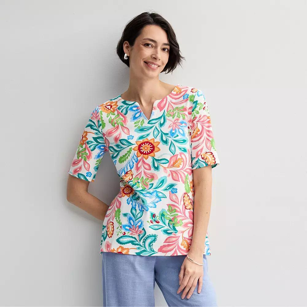 Petite Croft & Barrow® Elbow Sleeve Splitneck Top, Women's,  Product Image