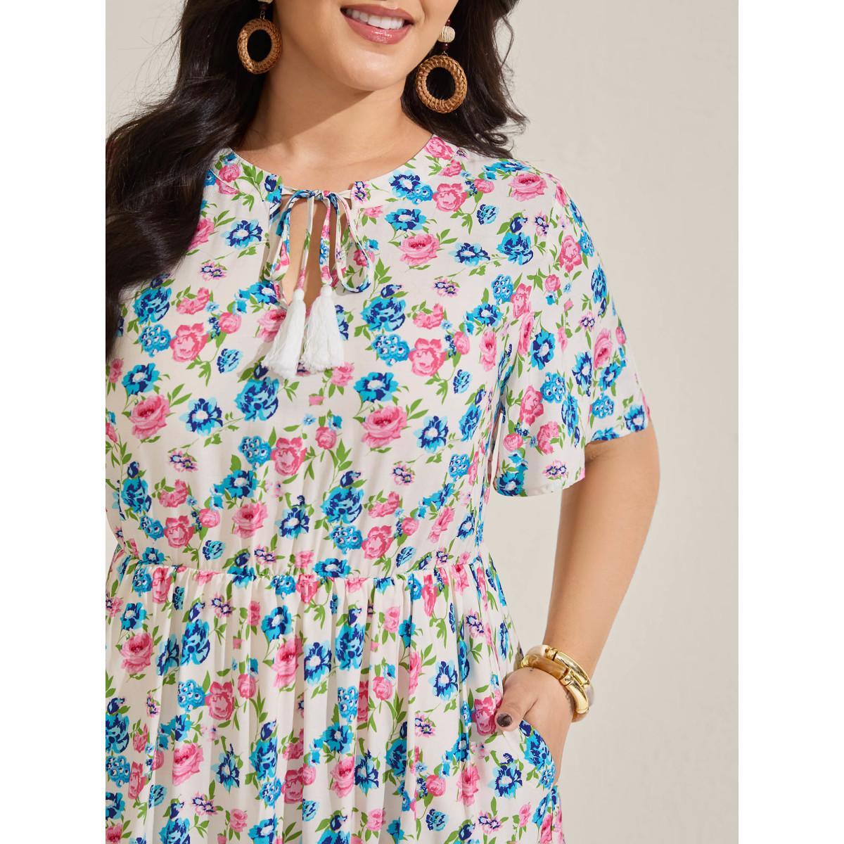 Plus Size Rayon Floral Print Neck Tie Pockets Midi Dress Multicolor Women Boho Notched collar Short sleeve Curvy BloomChic 12/L Product Image