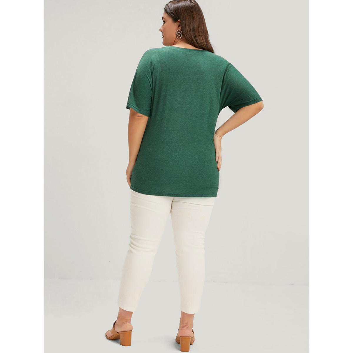Plus Size Solid Round Neck Button Raglan Sleeve Modal T-shirt Green Women Casual Button Plain Round Neck Dailywear T-shirts BloomChic 14-16/1X Product Image