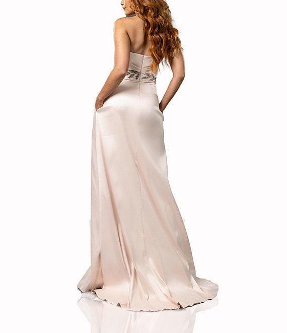 Terani Couture Strapless Ruched Satin Beaded Leaf A-Line Gown Product Image