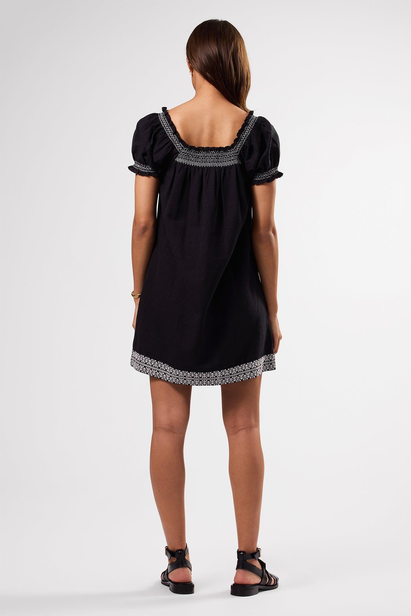 Smocked Embroidery Dress - Black White Embroidery Product Image