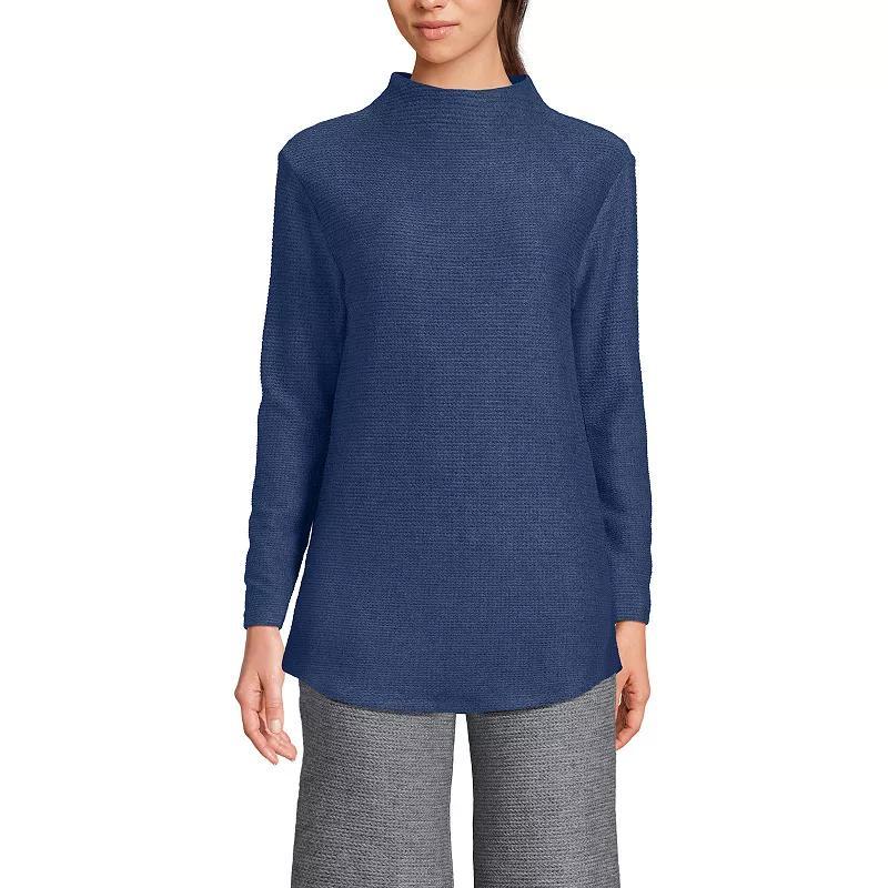 Petite Lands End Cable Ottoman Relaxed Long Sleeve Funnel Neck Tunic, Womens Deep Navy Grey Product Image