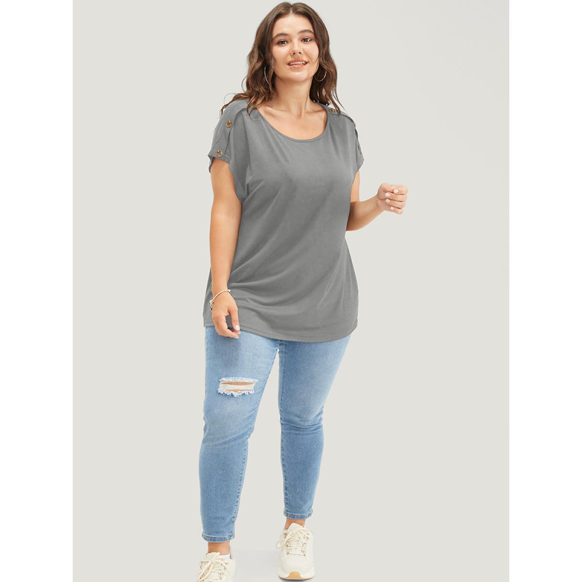 Plus Size Solid Button Detail Round Neck Batwing Sleeve T-shirt DarkGray Women Casual Plain Round Neck Dailywear T-shirts BloomChic 18-20/2X Product Image