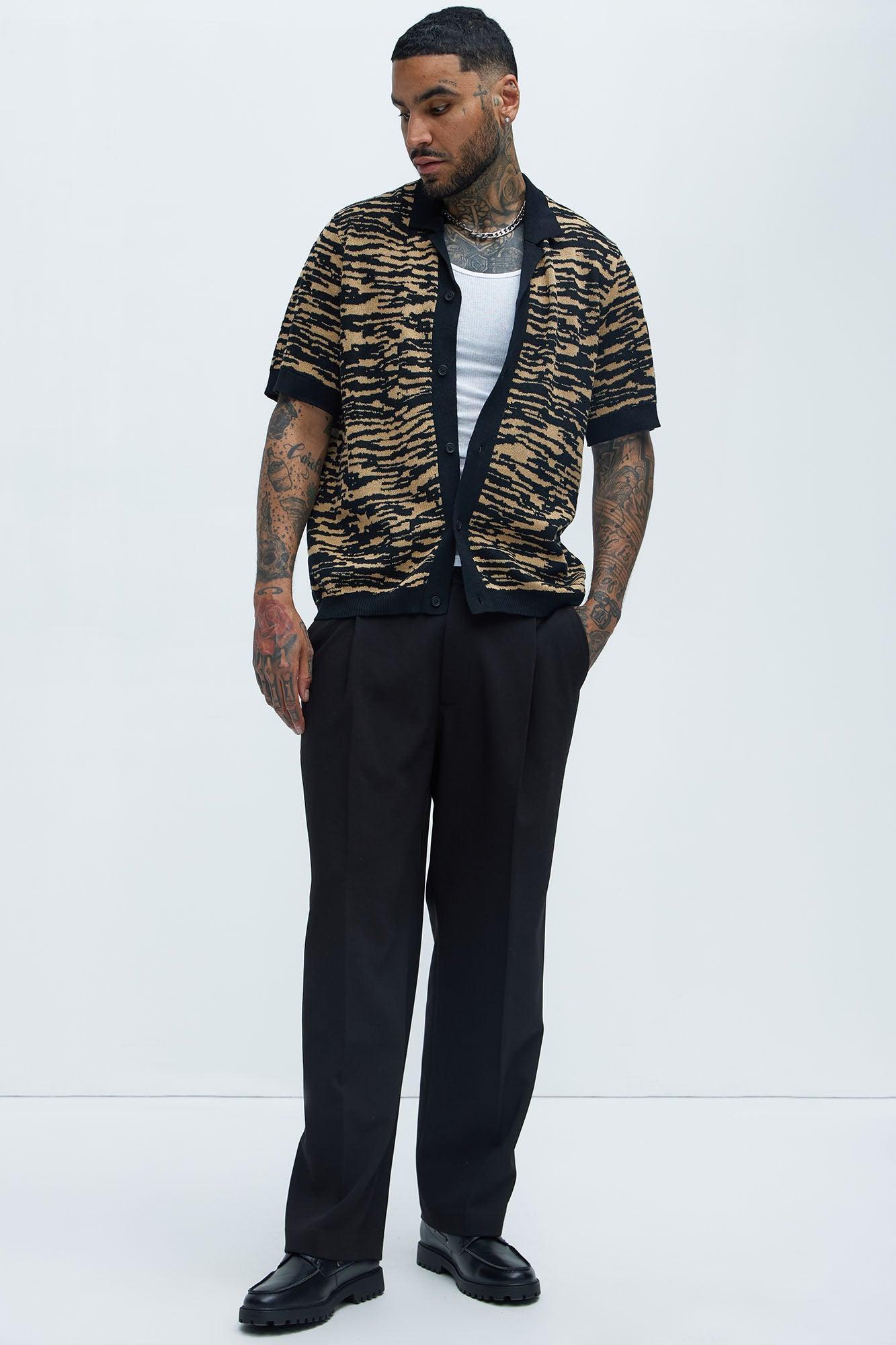 Zebra Pattern Knit Button Down Shirt - Black/combo Product Image