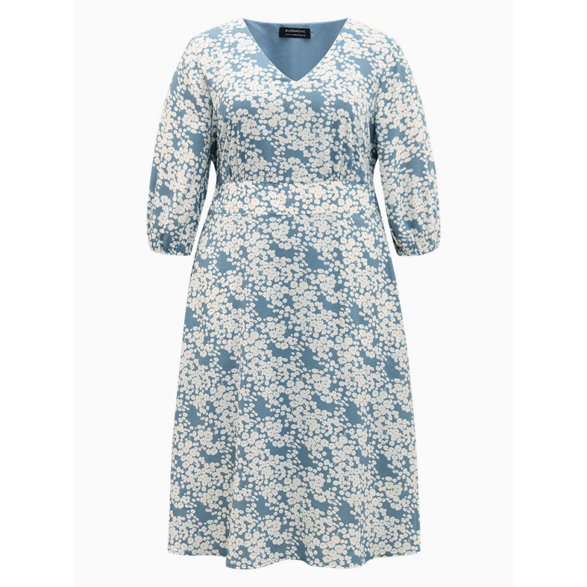 Plus Size Ditsy Floral Pleated Detail Lantern Sleeve Dress LightBlue Women Elegant Elastic cuffs V-neck Elbow-length sleeve Curvy Midi Dress BloomChic 30/6X Product Image