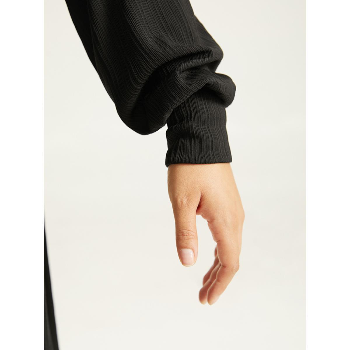 Plus Size Rib Knit Solid Pocket Pleated Belted Dress Black Women Casual Plain Round Neck Long Sleeve Curvy Midi Dress BloomChic 10/M Product Image