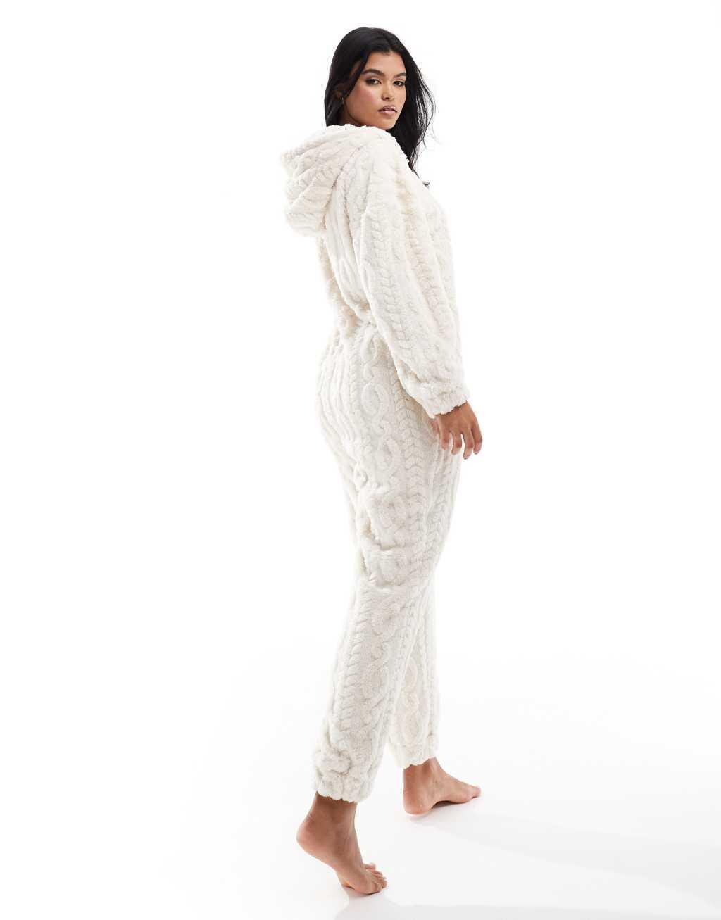 ASOS DESIGN lounge cable textured cloud fleece onesie in cream Product Image