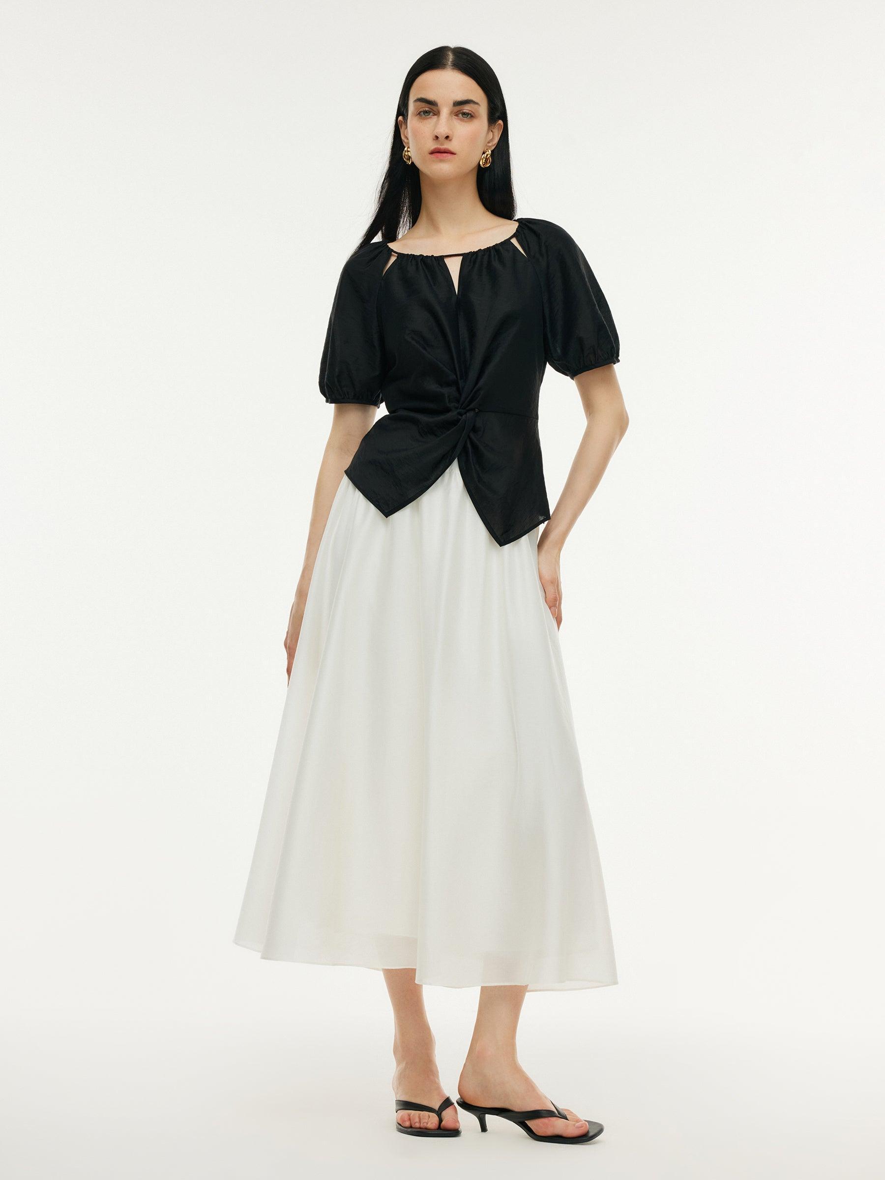 Tencel Blend Twist Front Top And A-Line Skirt Two-Piece Set Product Image