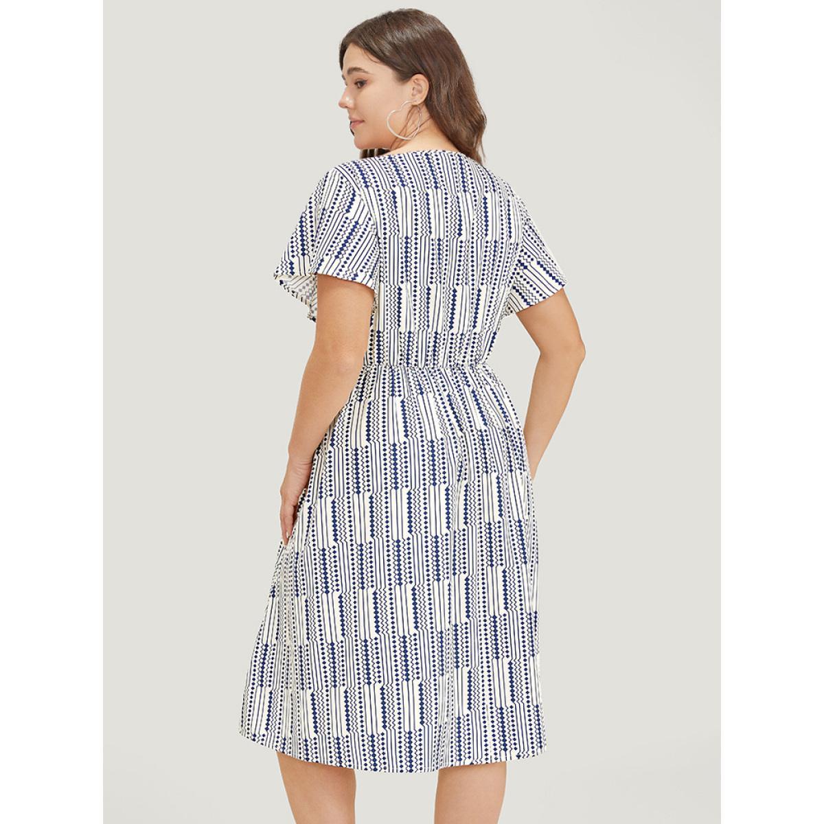 Plus Size Geometric Print Button Detail Pocket Ruffle Sleeve Dress Blue Women Elegant Elastic Waist V-neck Short sleeve Curvy Midi Dress BloomChic 10/M Product Image
