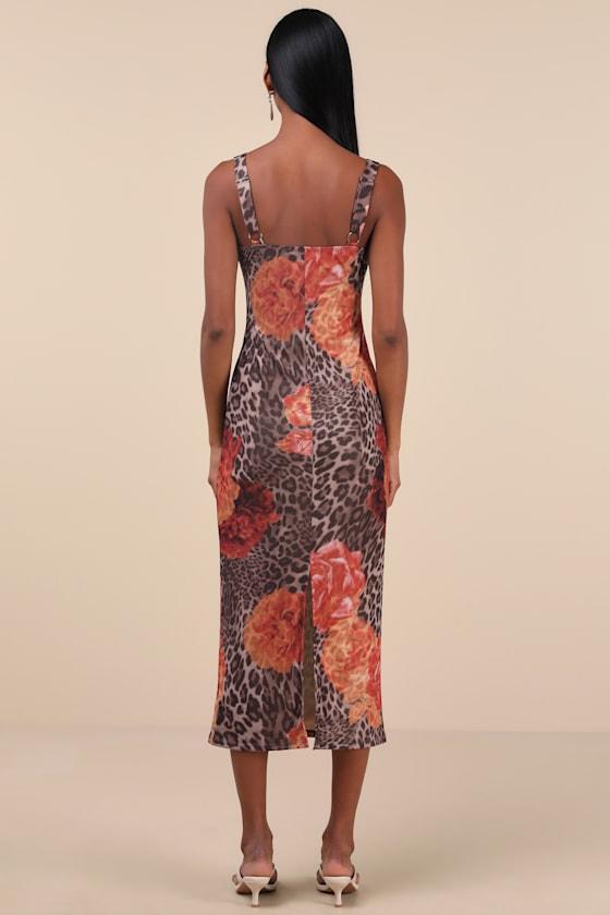 Palesa Brown Leopard Floral Print Mesh Midi Dress Product Image