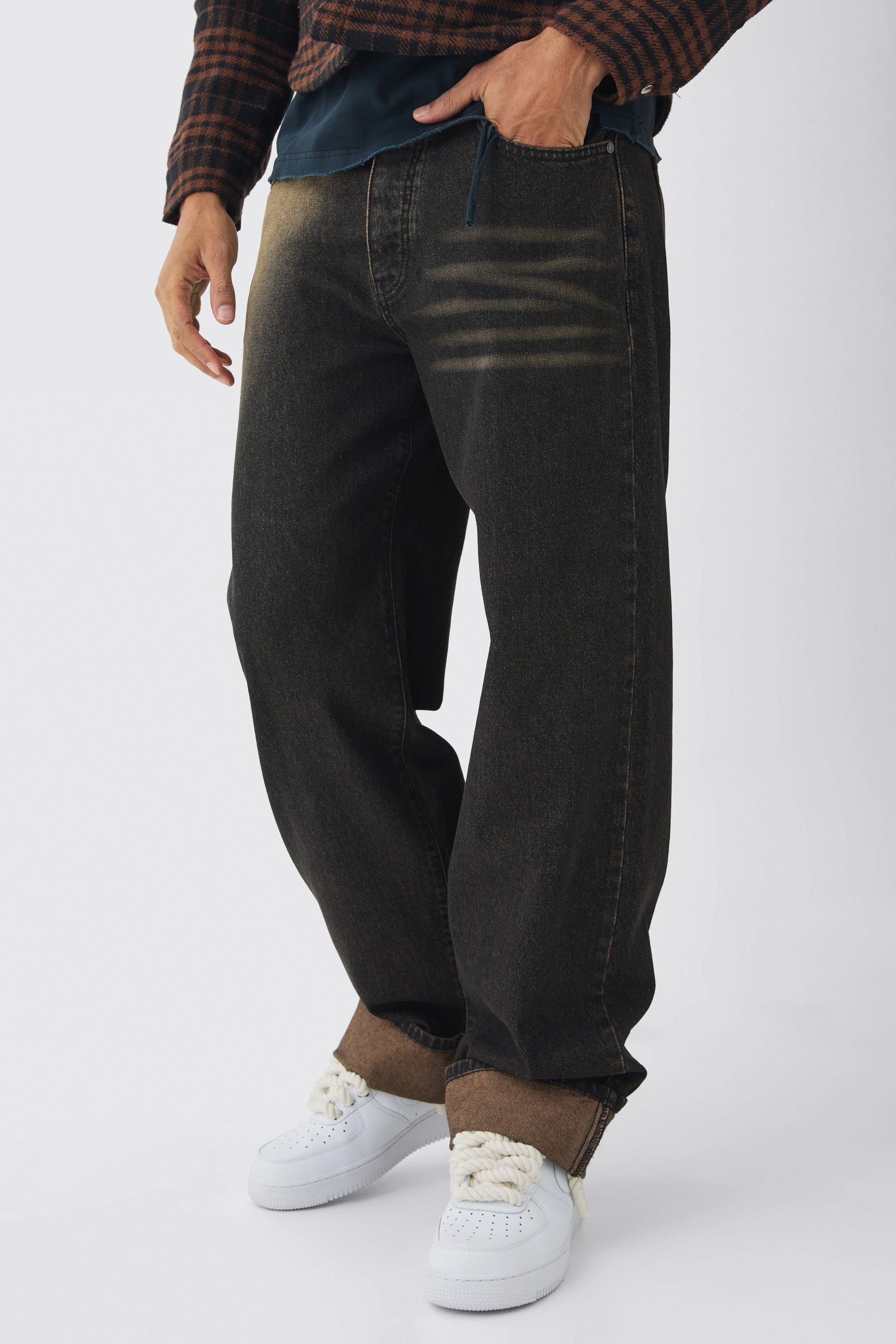 Relaxed Brown Spray Wash Cuffed Hem Jeans | boohooMAN USA Product Image