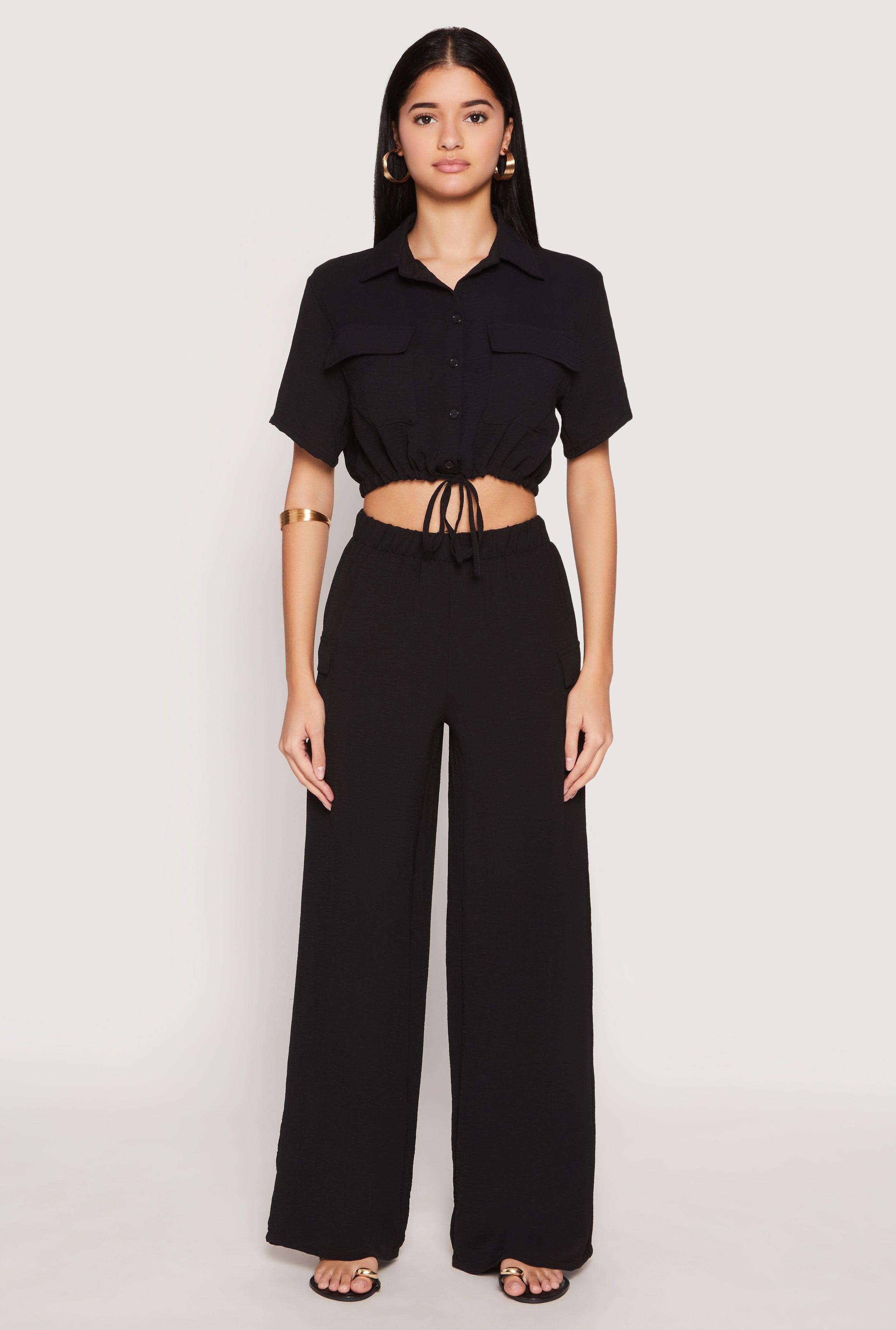 Womens Crepe Knit Button Front Cropped Shirt and Wide Leg Pants Product Image