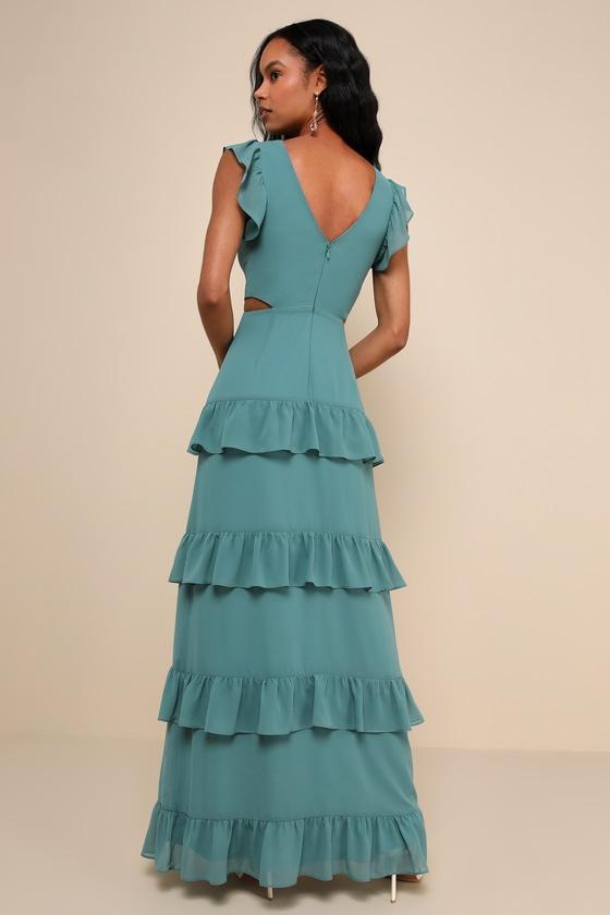 Elegant Mentality Teal Blue Ruffled Tiered Cutout Maxi Dress Product Image