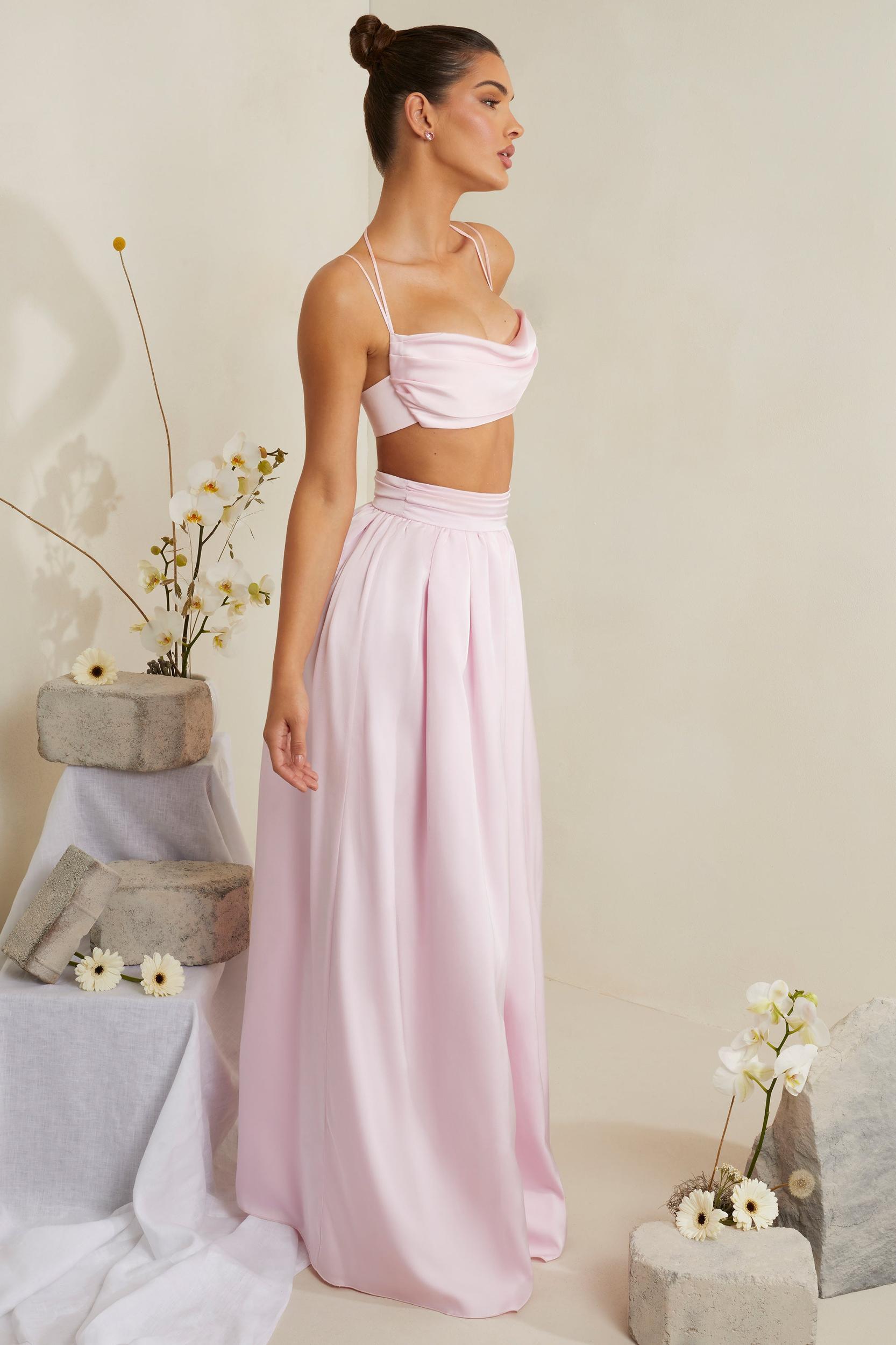 Cowl Neck Heavy Satin Crop Top in Pink Product Image