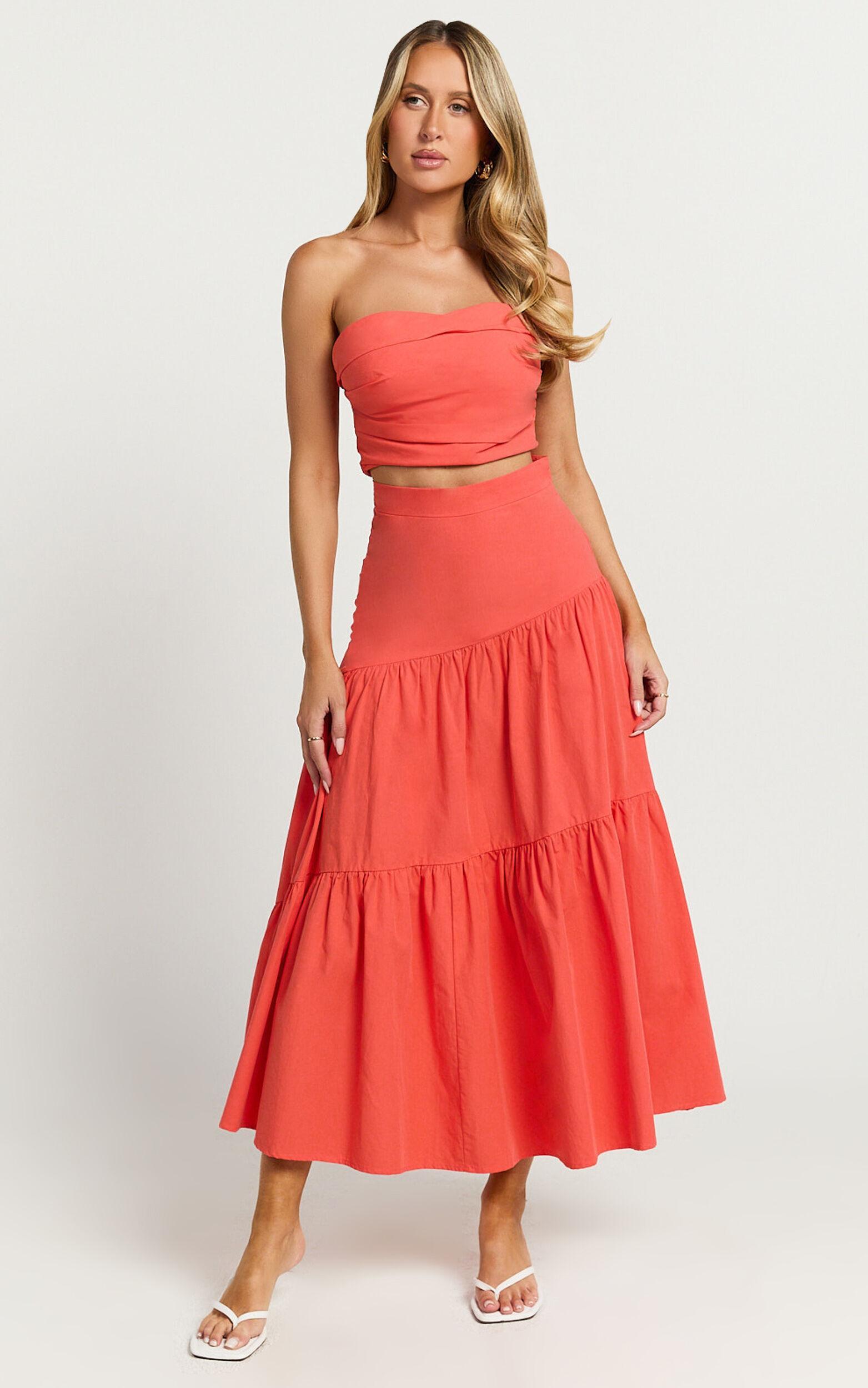 Schiffer Two Piece Set - Strapless Top and Tiered Midi Skirt in Red Product Image