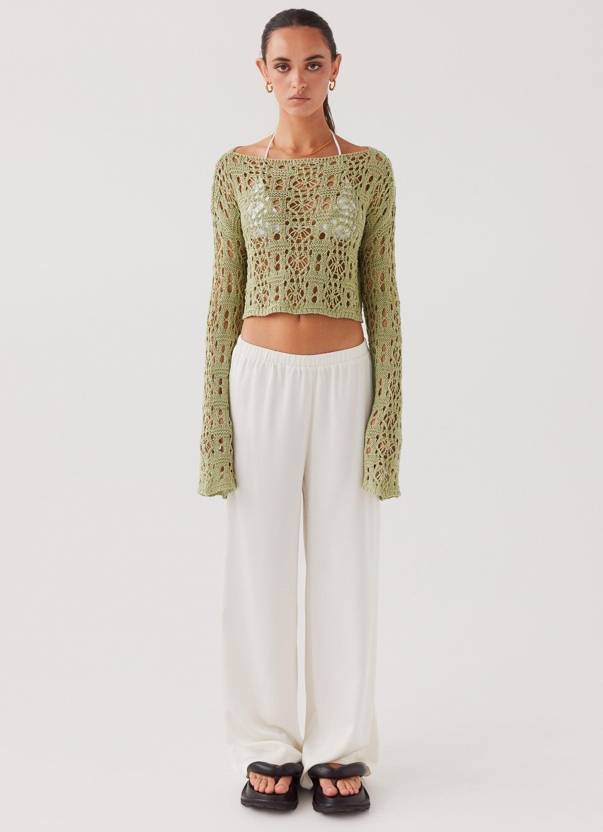 Free Mind Crochet Long Sleeve Top - Light Olive Product Image