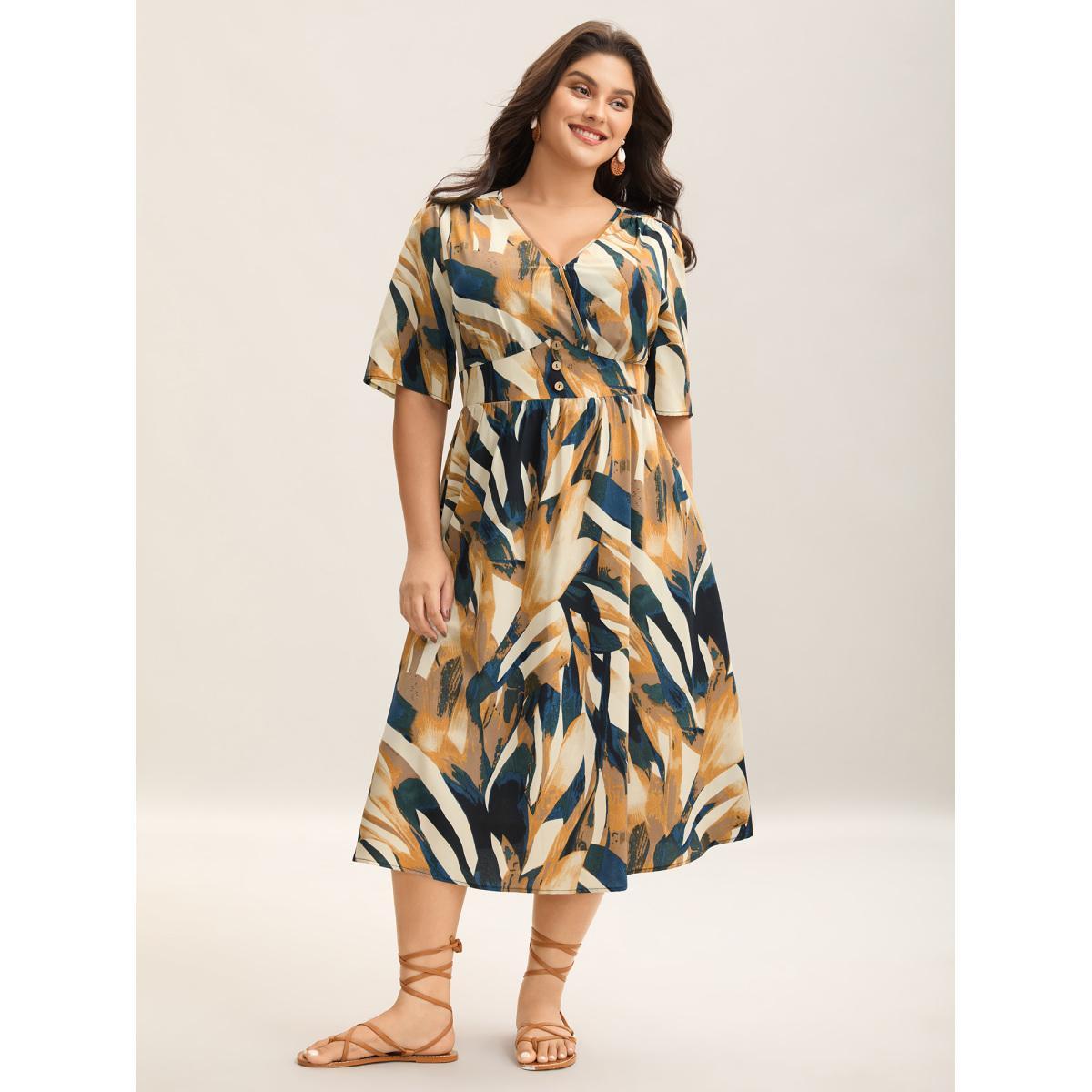 Plus Size Abstract Print Triangular Waist Midi Dress Multicolor Women Button Overlap Collar Short sleeve Curvy BloomChic 22-24/3X Product Image