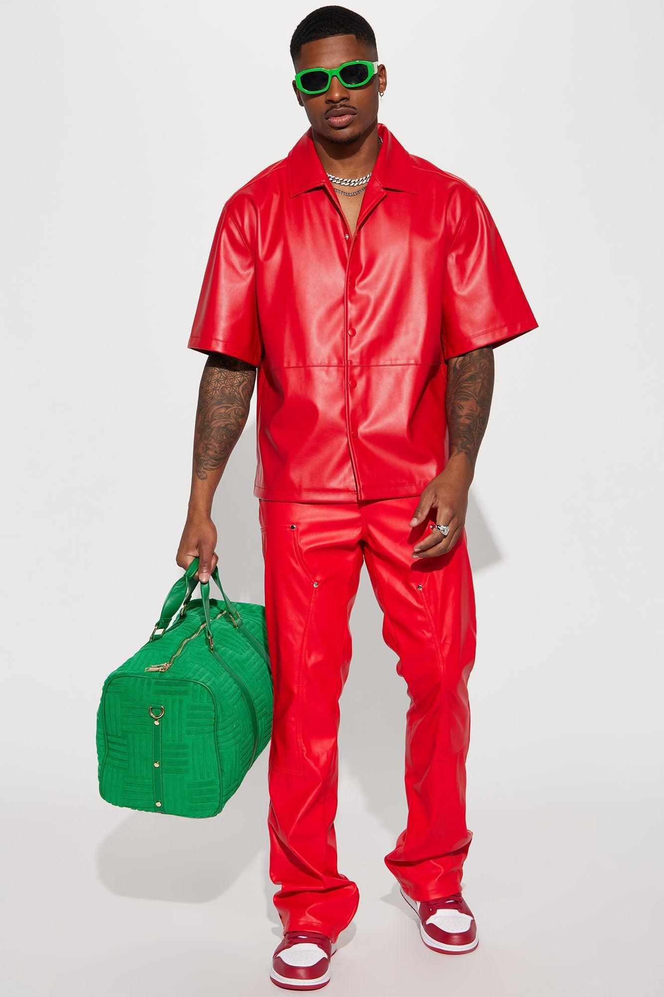 Slam Dunk Faux Leather Short Sleeve Button Up - Red Product Image