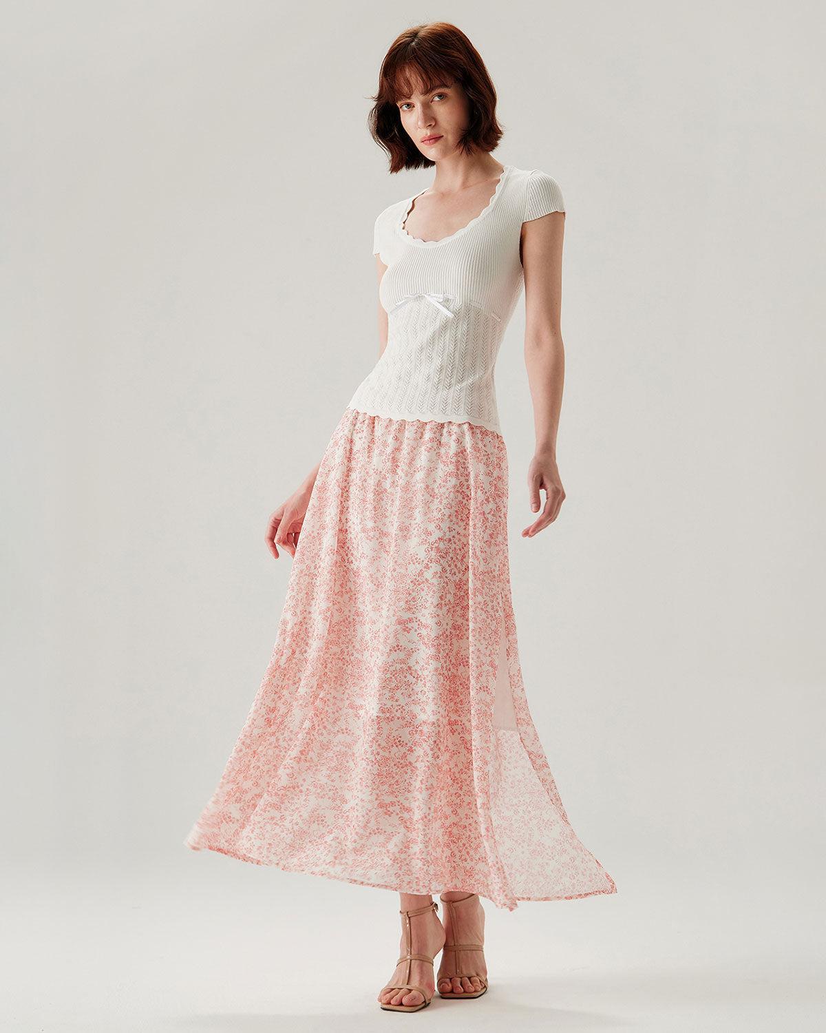 Pink Floral Elastic Waist Flared Skirt Product Image