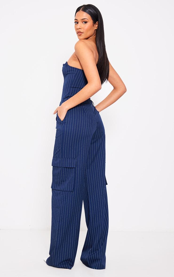 Tall Navy Pinstripe Bandeau Wide Leg Jumpsuit Product Image