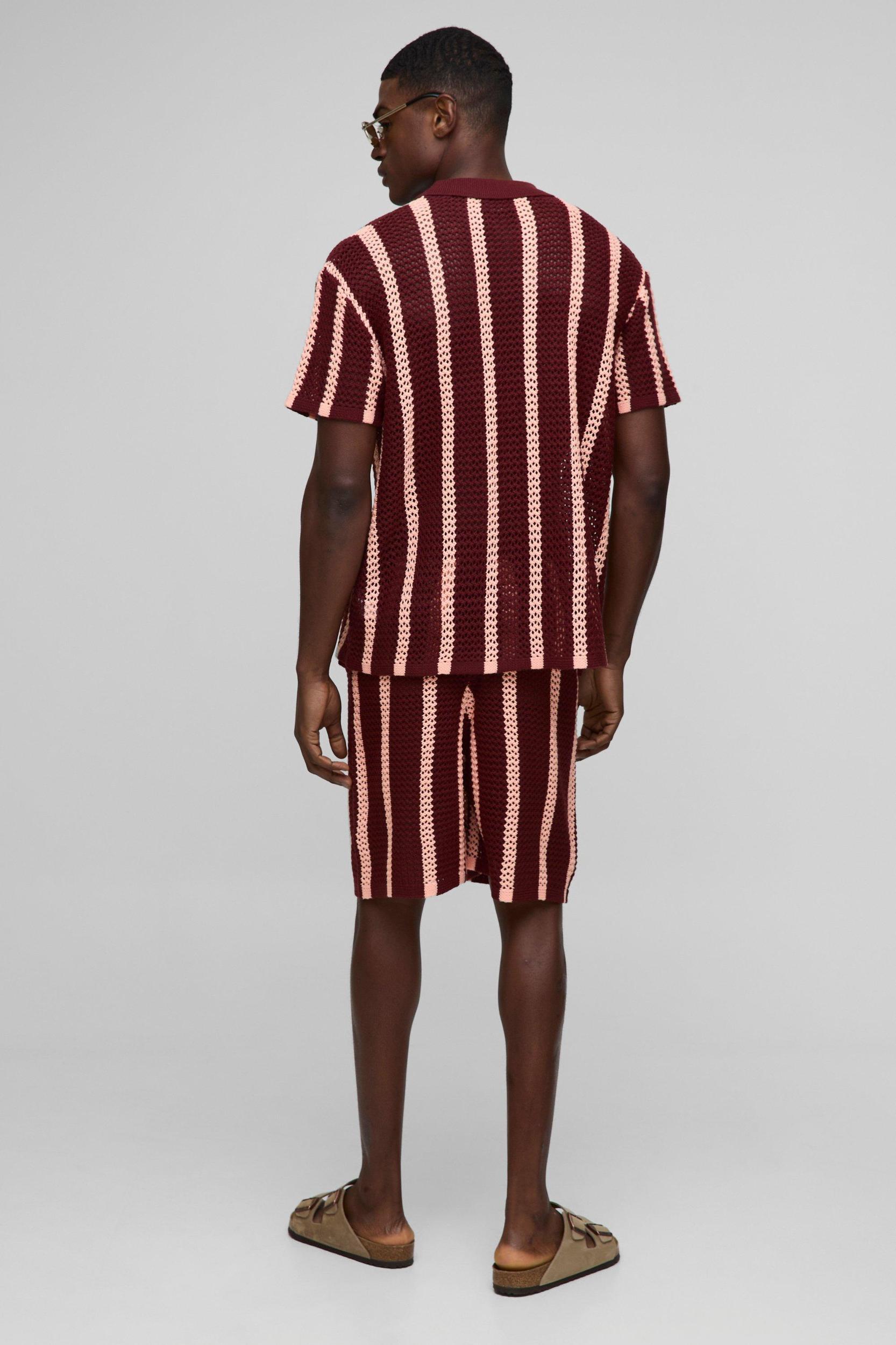 Relaxed Fit Longline Open Stitch Stripe Knitted Shorts | boohooMAN USA Product Image