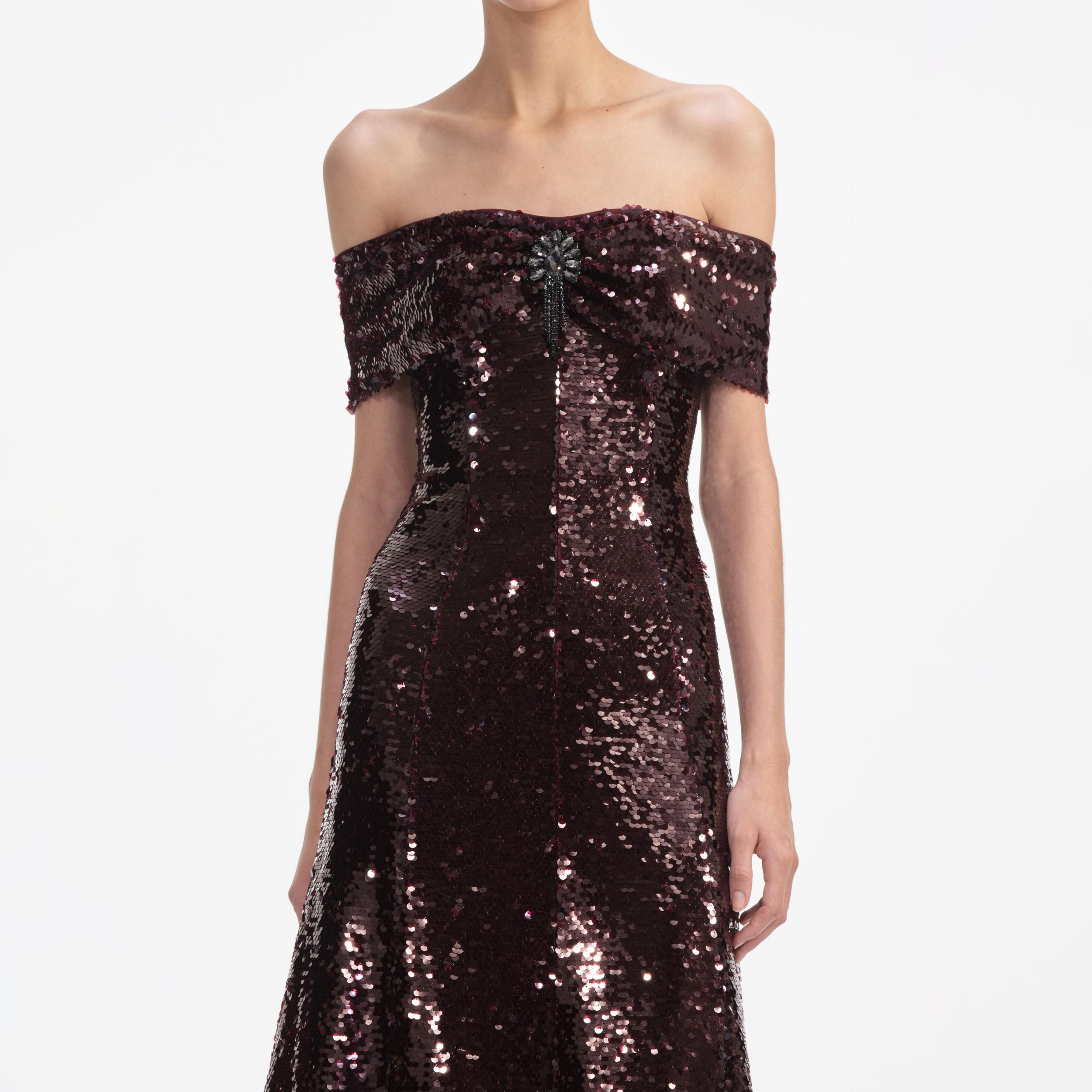 Brown Sequin Off Shoulder Midi Dress Product Image