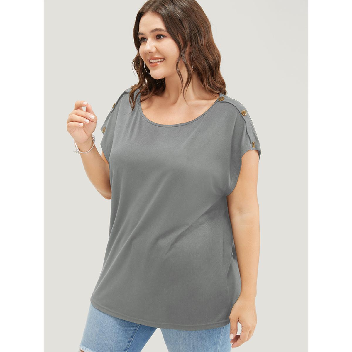 Plus Size Solid Button Detail Round Neck Batwing Sleeve T-shirt DarkGray Women Casual Plain Round Neck Dailywear T-shirts BloomChic 18-20/2X Product Image
