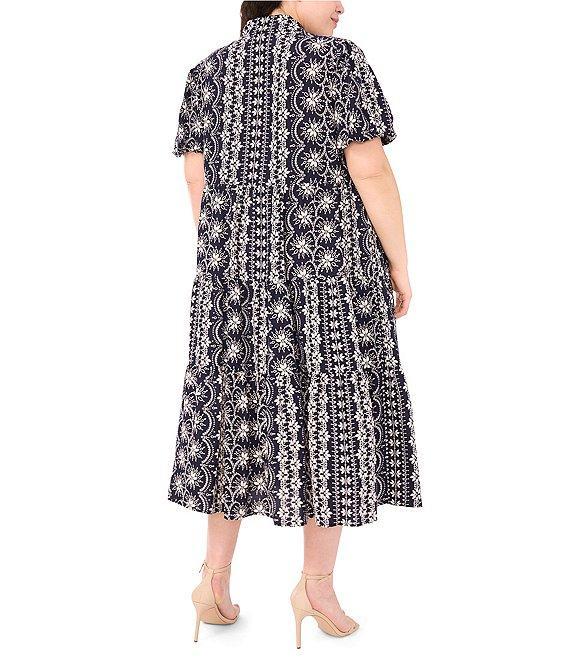 CeCe Plus Size Woven Printed Collared Short Puff Sleeve Button Front Tiered Midi Dress Product Image