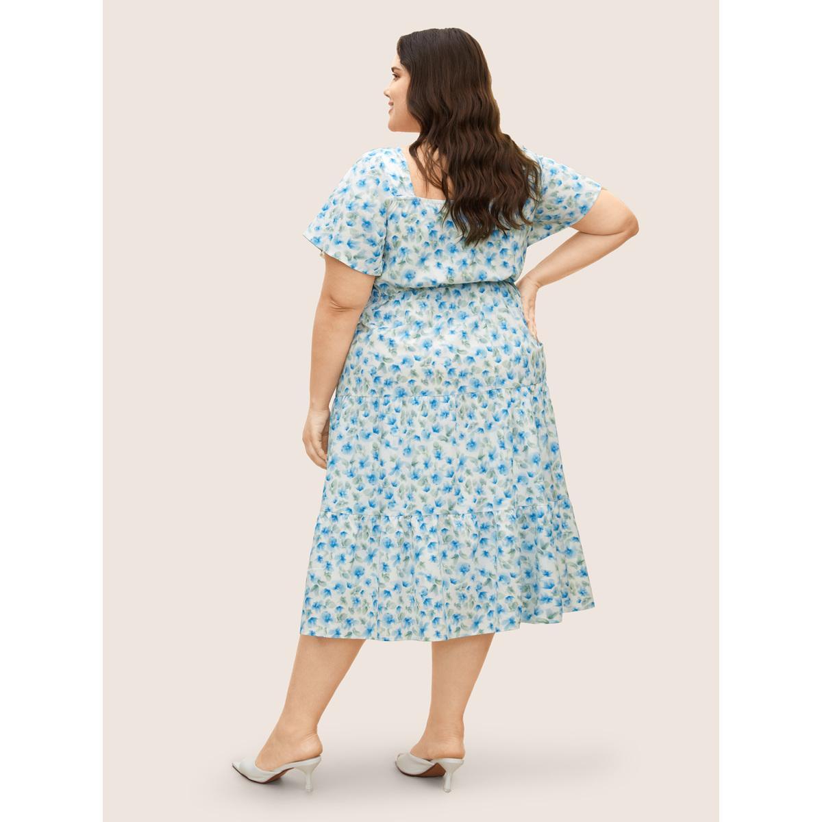 Plus Size Watercolor Floral Drawstring Ruffle Sleeve Midi Dress Skyblue Women Elegant Drawstring Square Neck Short sleeve Curvy BloomChic 26/4X Product Image