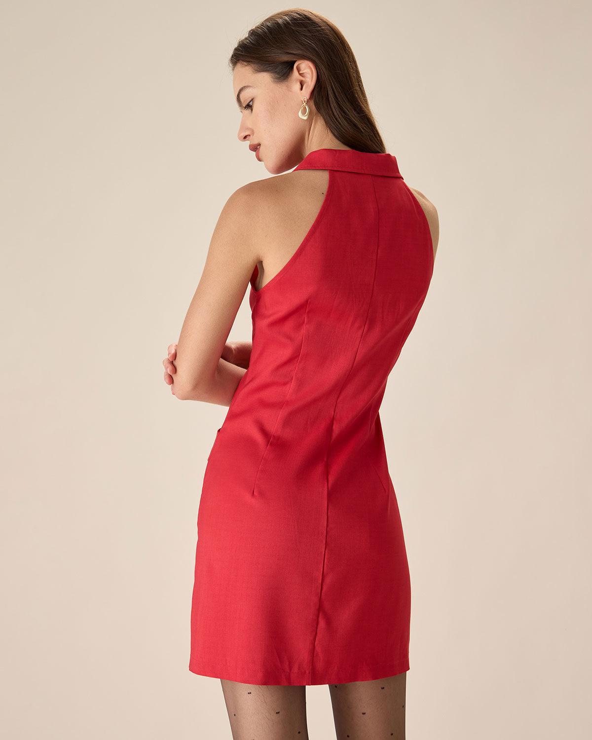 Red Collared Pocket Button Mini Dress Product Image