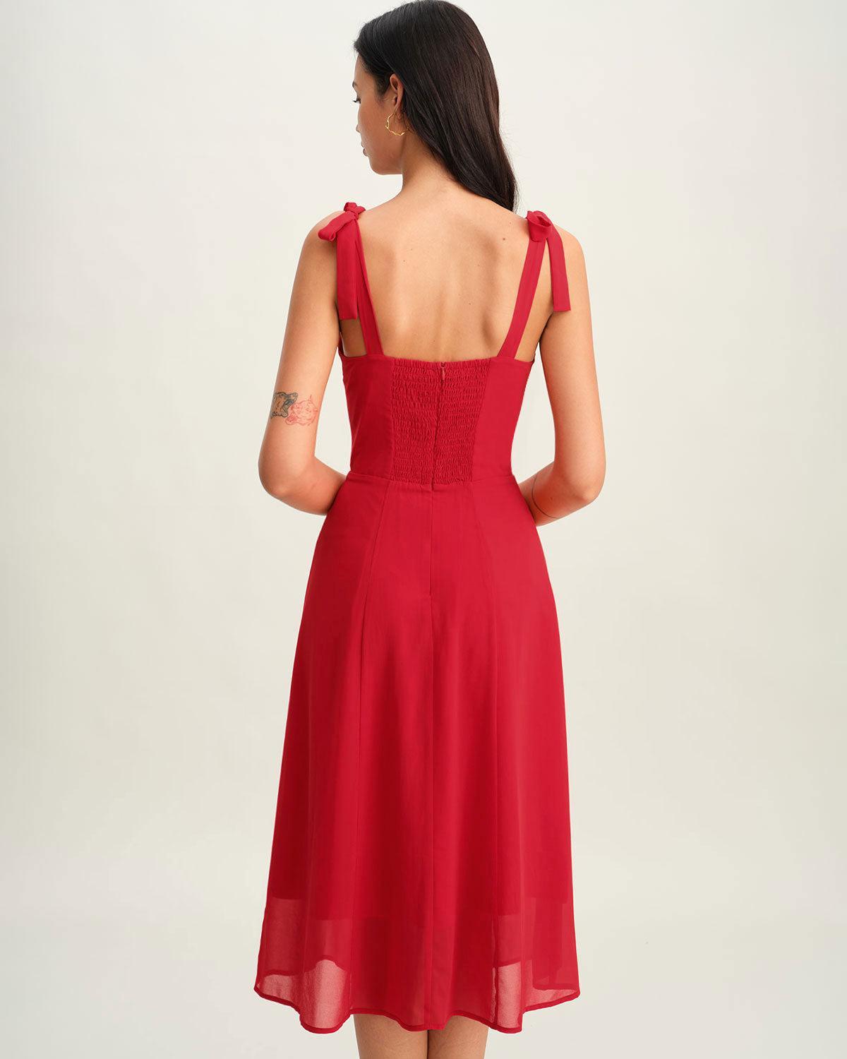 Red Sweetheart Neck Tie Strap Midi Dress Product Image