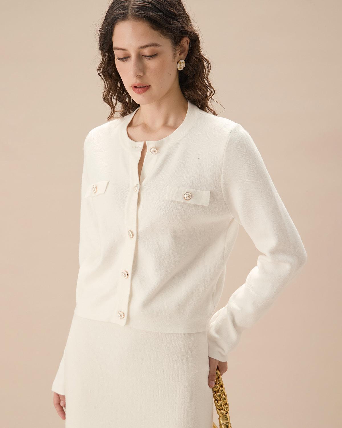 White Single Breasted Knit Cardigan Product Image