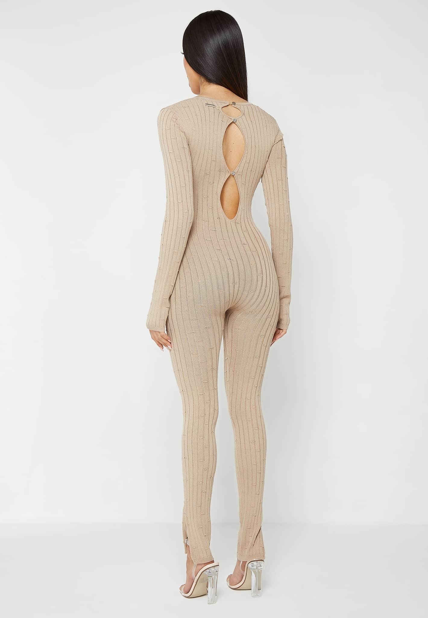 Distressed Knitted Cut Out Jumpsuit - Taupe Female Product Image