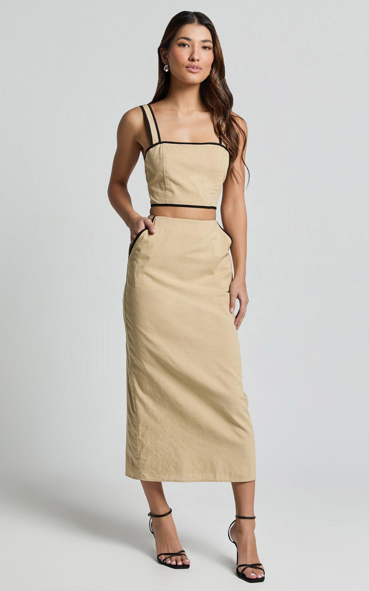 Rita Two Piece Set - Linen Look Contrast Crop Top and Pencil Midi Skirt Set in Sand/Black Product Image