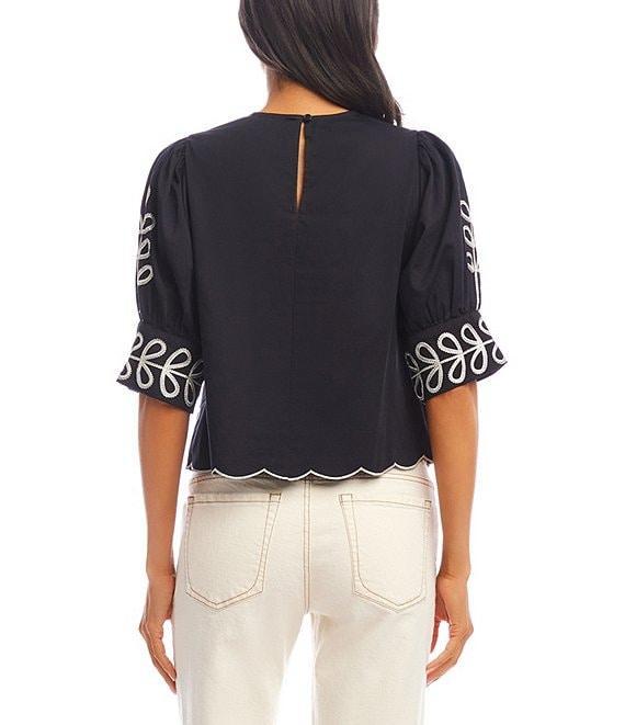 Karen Kane Embroidered Round Neck 3/4 Sleeve Scalloped Hem Top Product Image